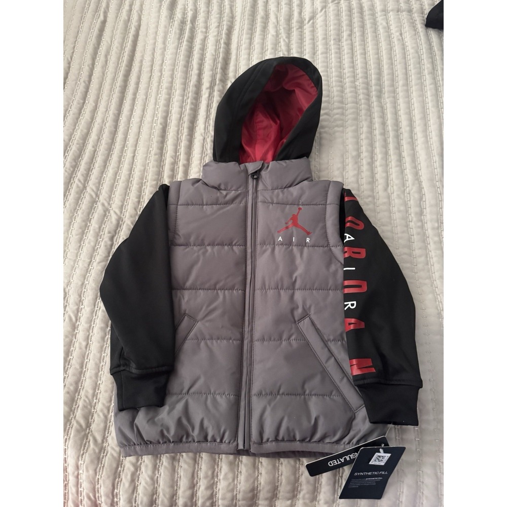 Jordan Toddler Boys Layered-Look Hooded Jacket Size 2T Black,Gray, and Red NWT